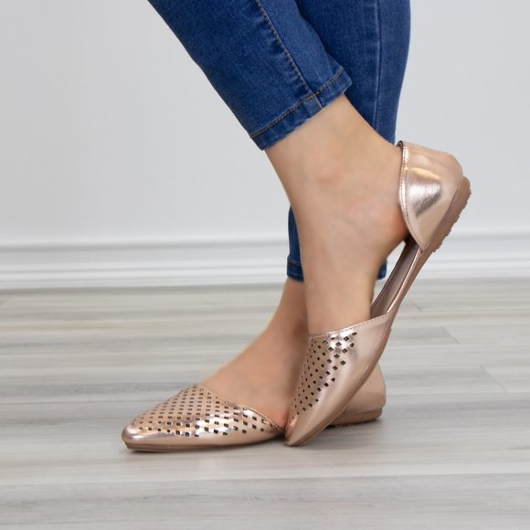 Pointed Toe Perforated Gold Rose Flats - Picture 8 of 8